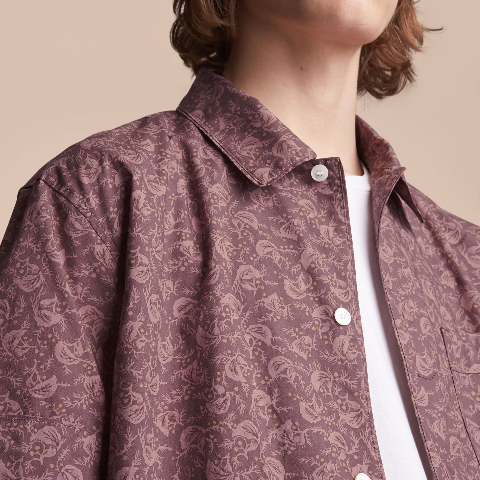 Chemise en coton à manches courtes avec imprimé feuillage - Mauve