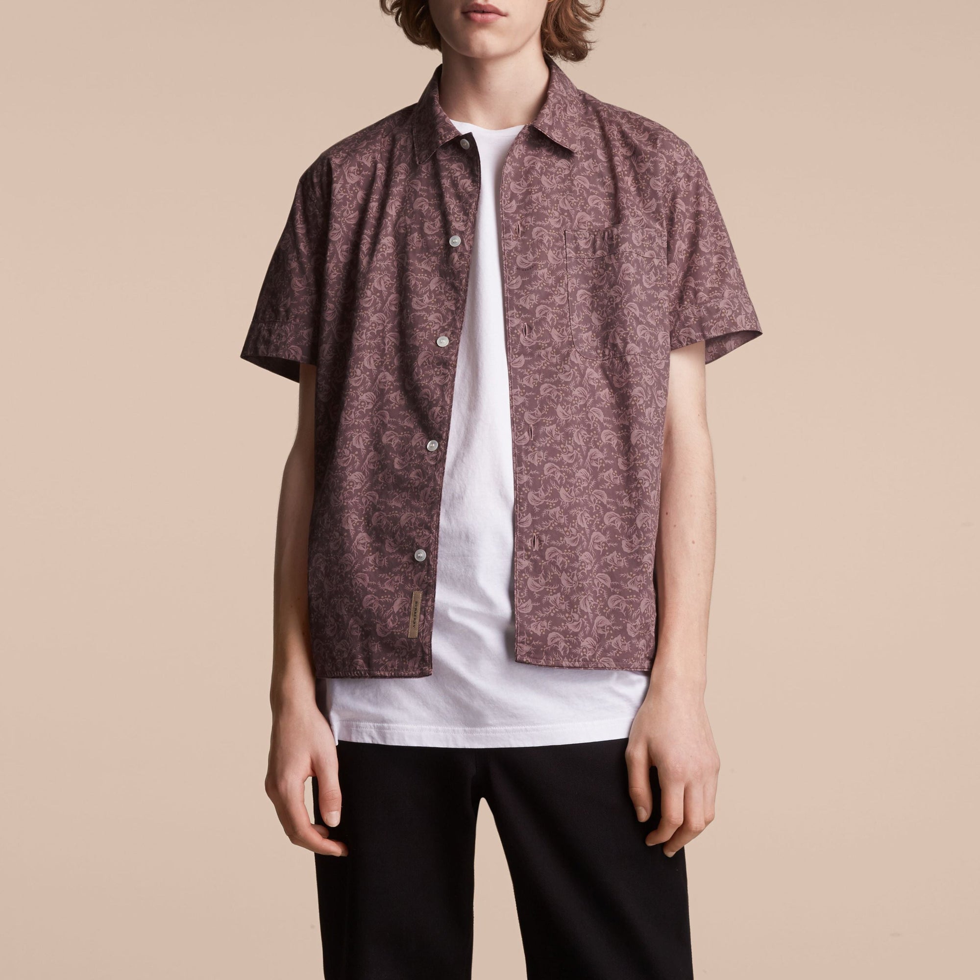 Chemise en coton à manches courtes avec imprimé feuillage - Mauve