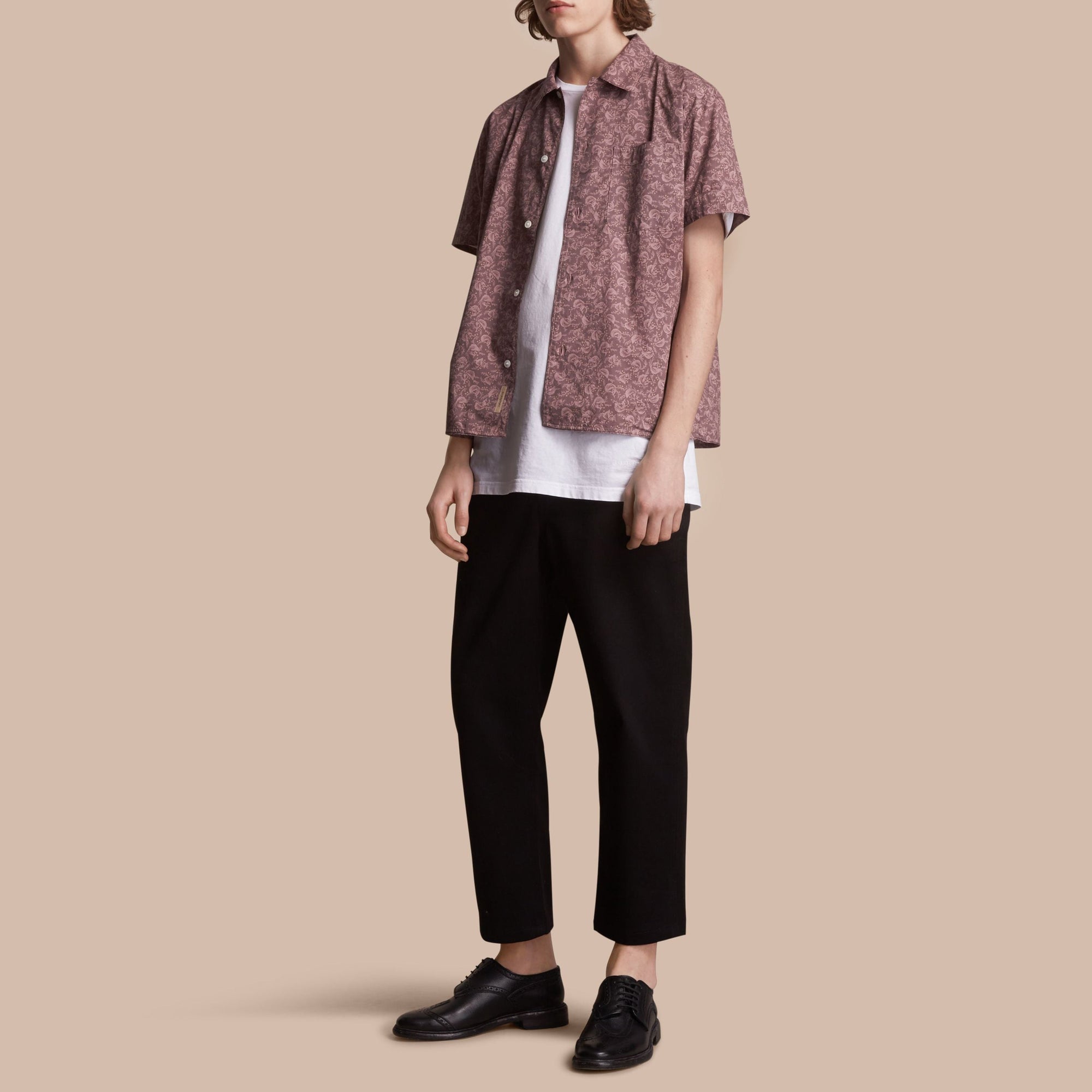 Chemise en coton à manches courtes avec imprimé feuillage - Mauve