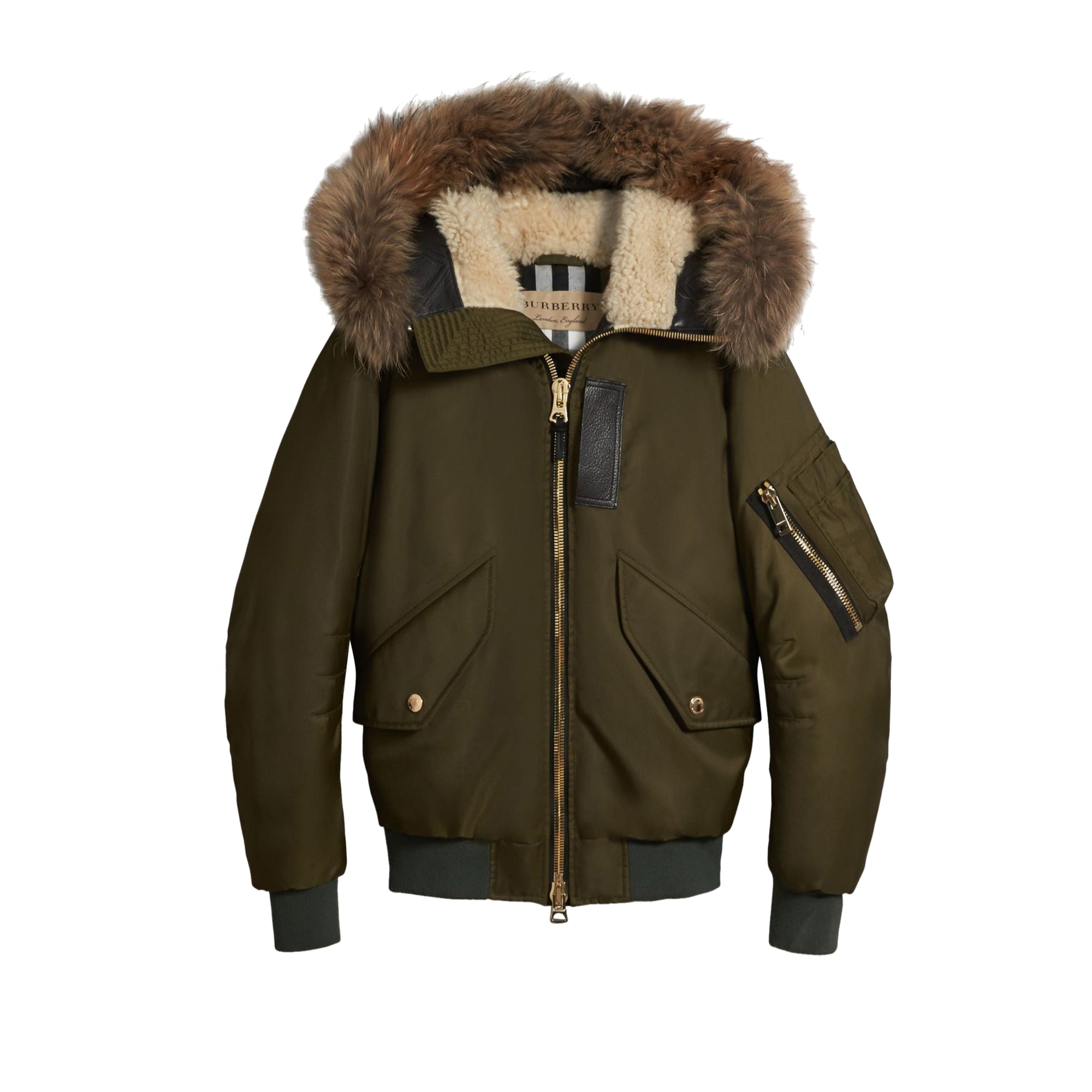 Veste avec duvet & capuche en fourrure & shearling - Caper Green