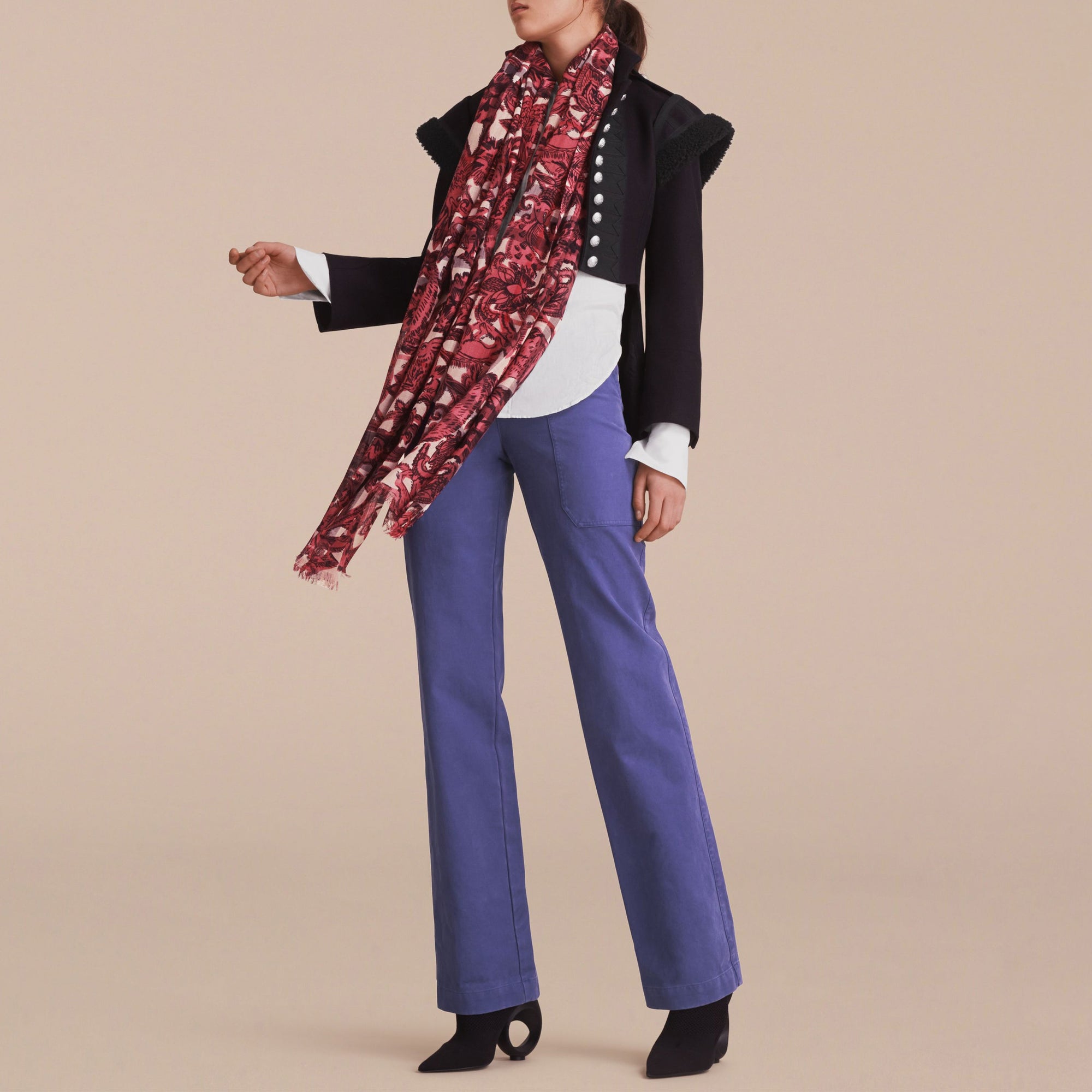 Écharpe imprimé Bestiaire en laine & soie - Pink Azalea