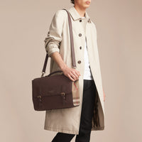 Sac cartable en cuir et coton House check - Oak Brown