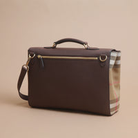 Sac cartable en cuir et coton House check - Oak Brown