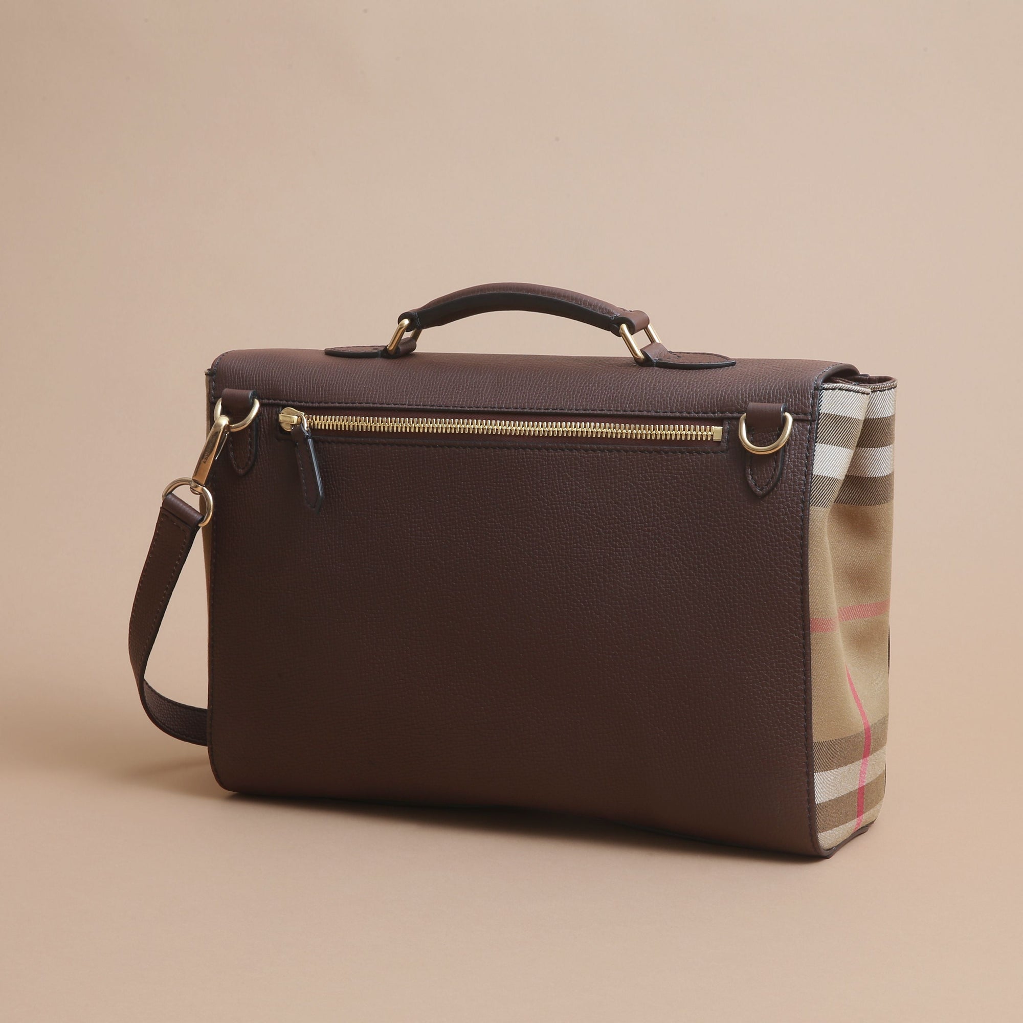 Sac cartable en cuir et coton House check - Oak Brown
