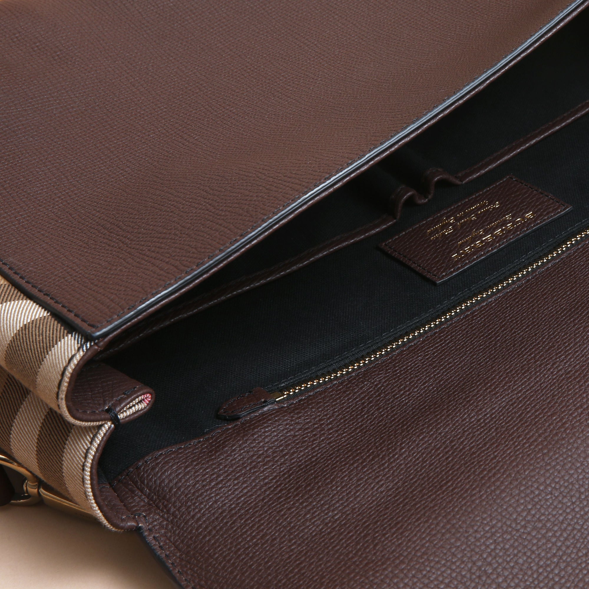 Sac cartable en cuir et coton House check - Oak Brown