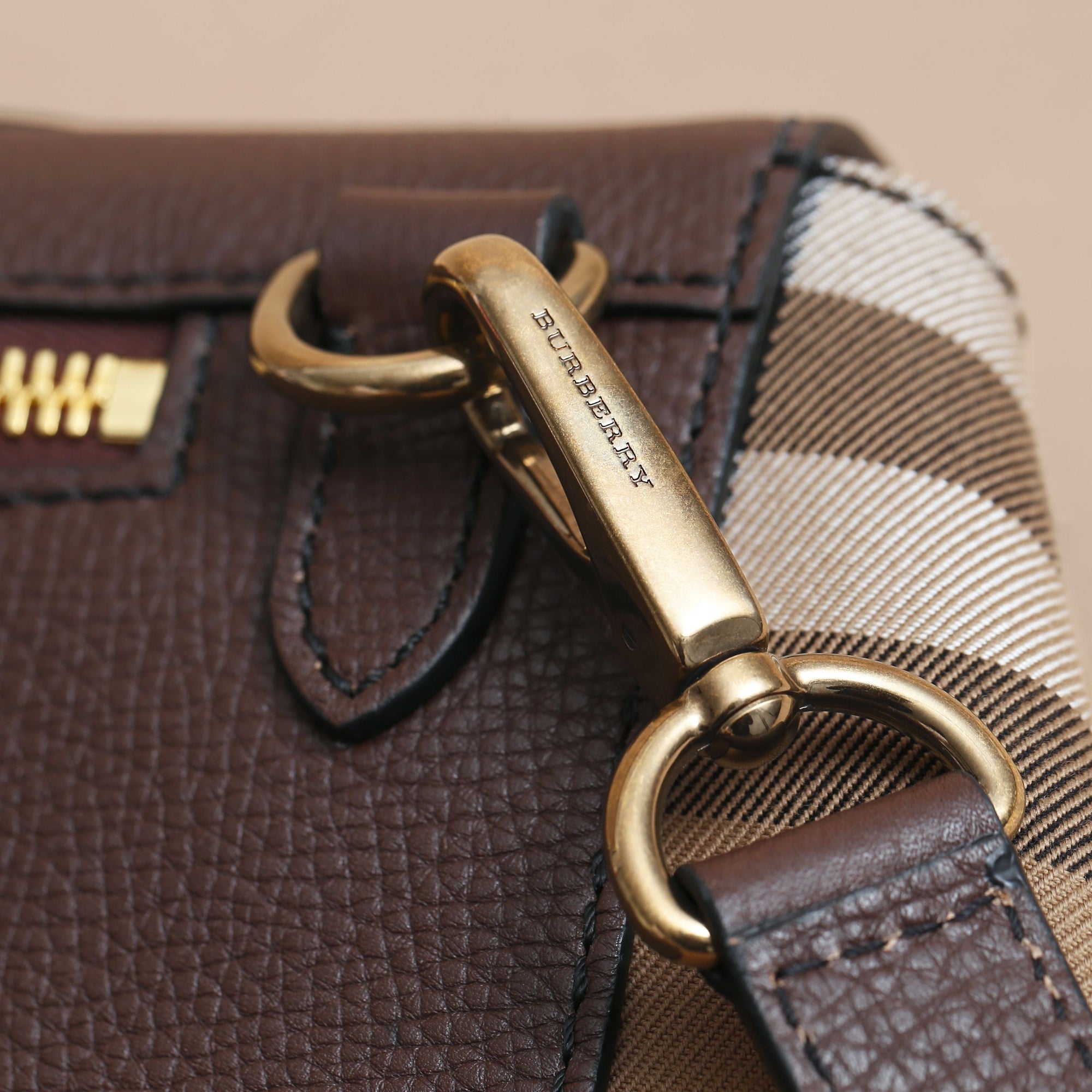Sac cartable en cuir et coton House check - Oak Brown