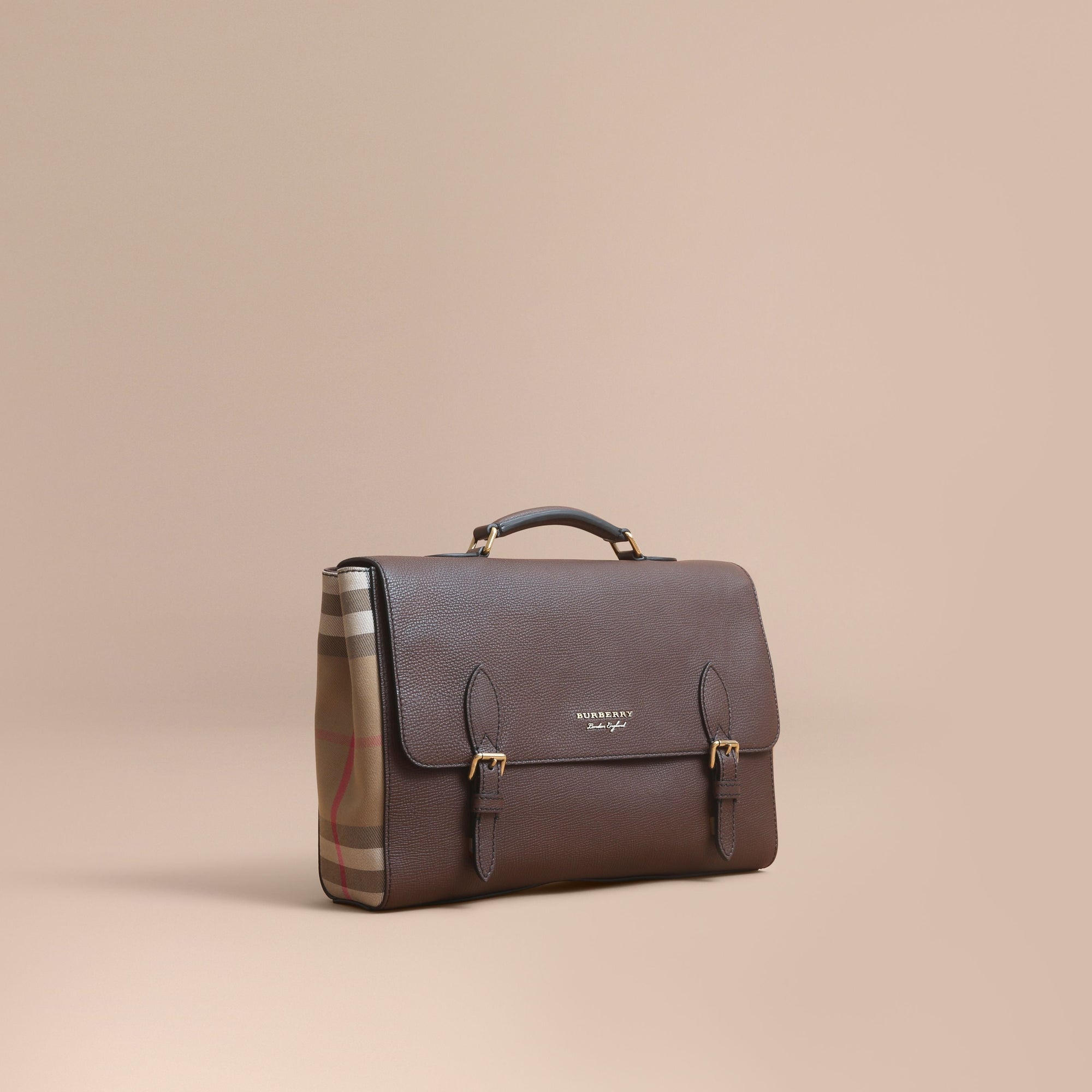 Sac cartable en cuir et coton House check - Oak Brown