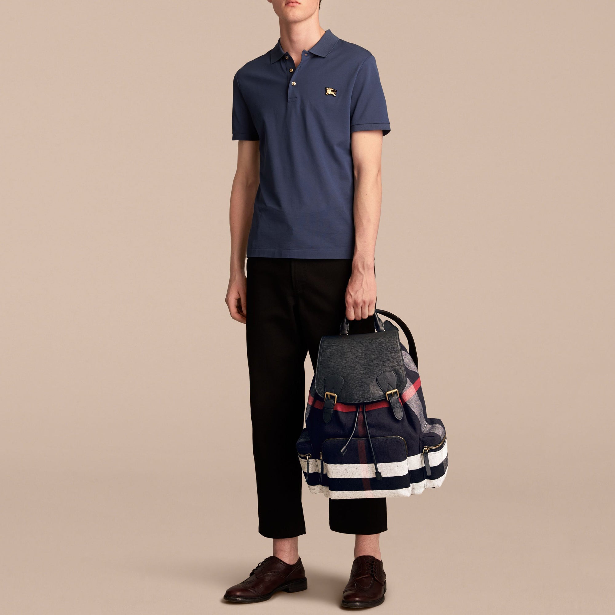 Grand sac The Rucksack en toile Canvas check et cuir - Black