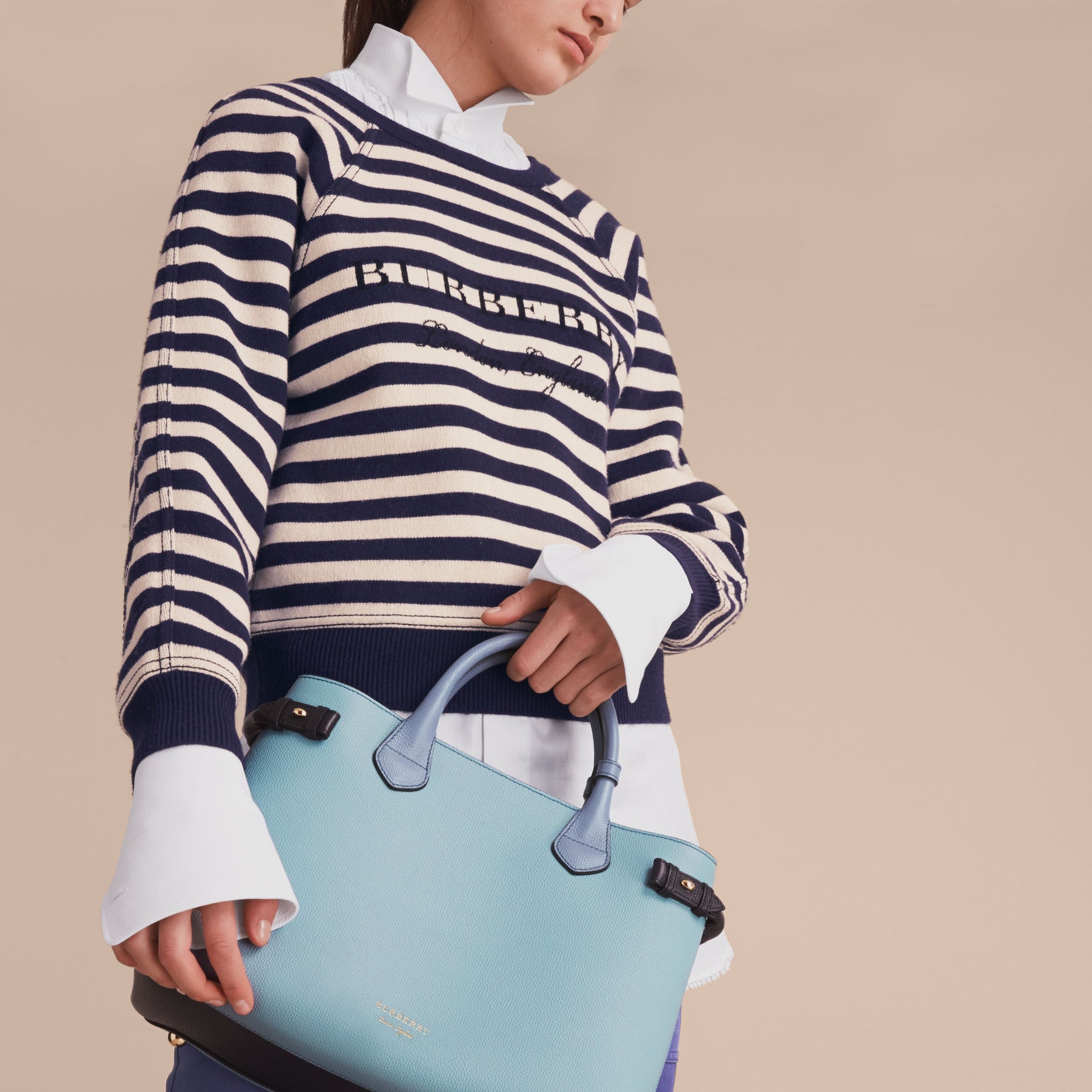 Sac The Banner medium en cuir tricolore et coton House check - Pale Opal & Slate Blue