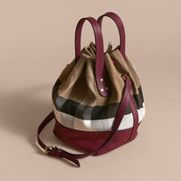 Petit sac Bucket en toile Canvas check et cuir - Burgundy Red