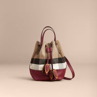 Petit sac Bucket en toile Canvas check et cuir - Burgundy Red