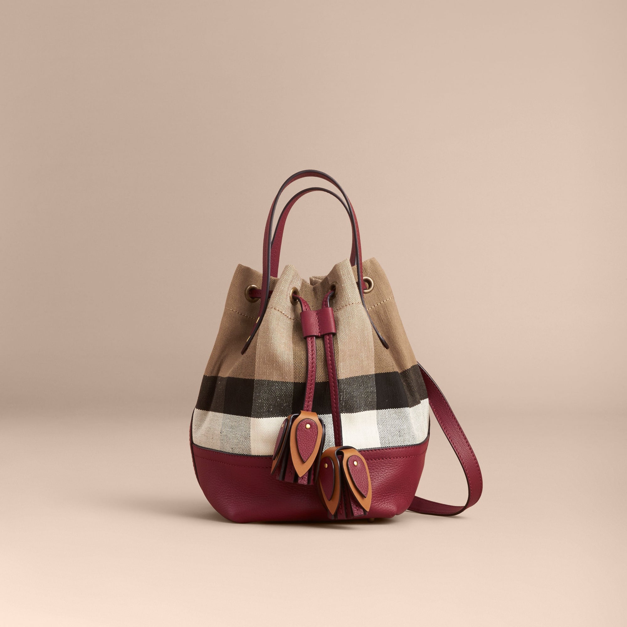 Petit sac Bucket en toile Canvas check et cuir - Burgundy Red