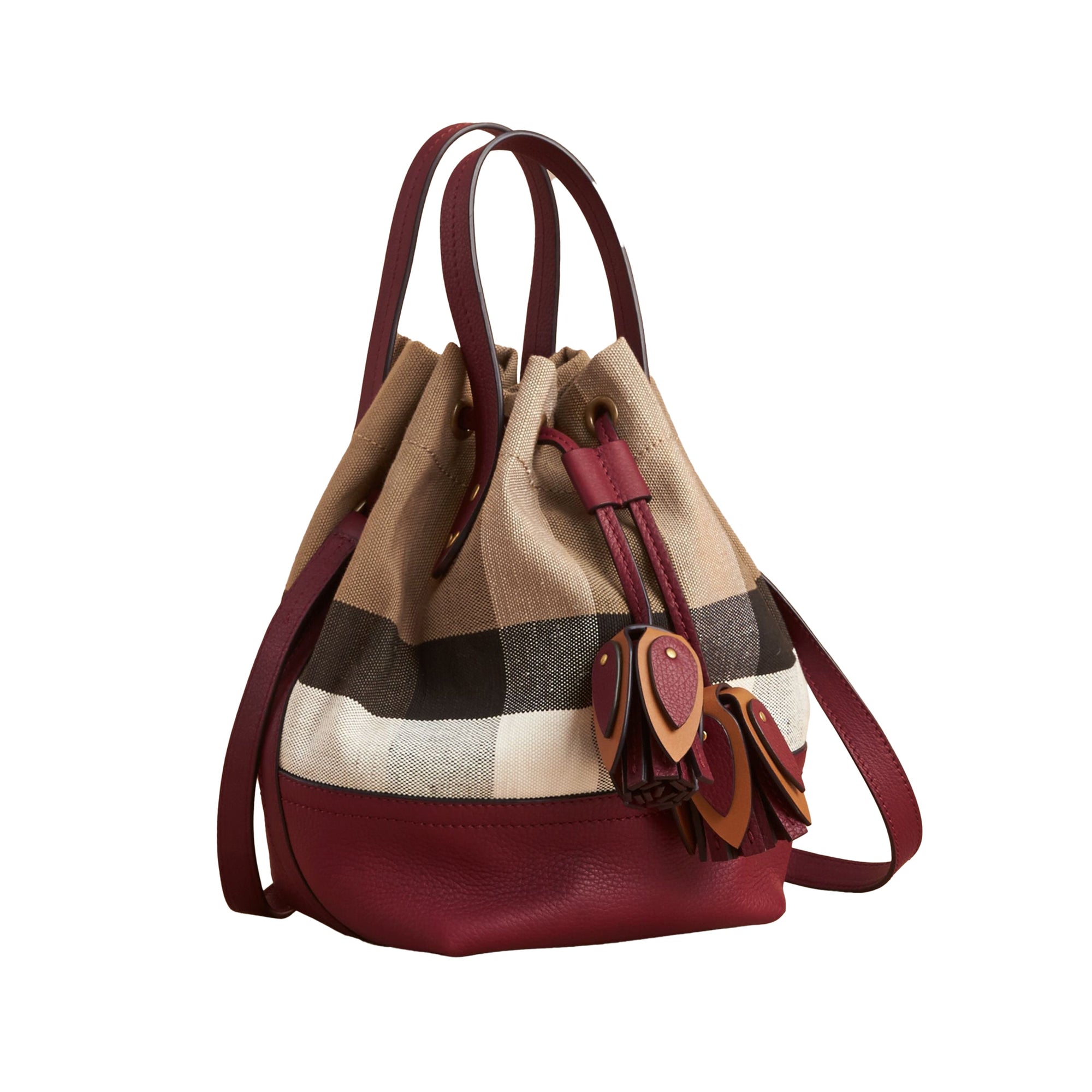 Petit sac Bucket en toile Canvas check et cuir - Burgundy Red