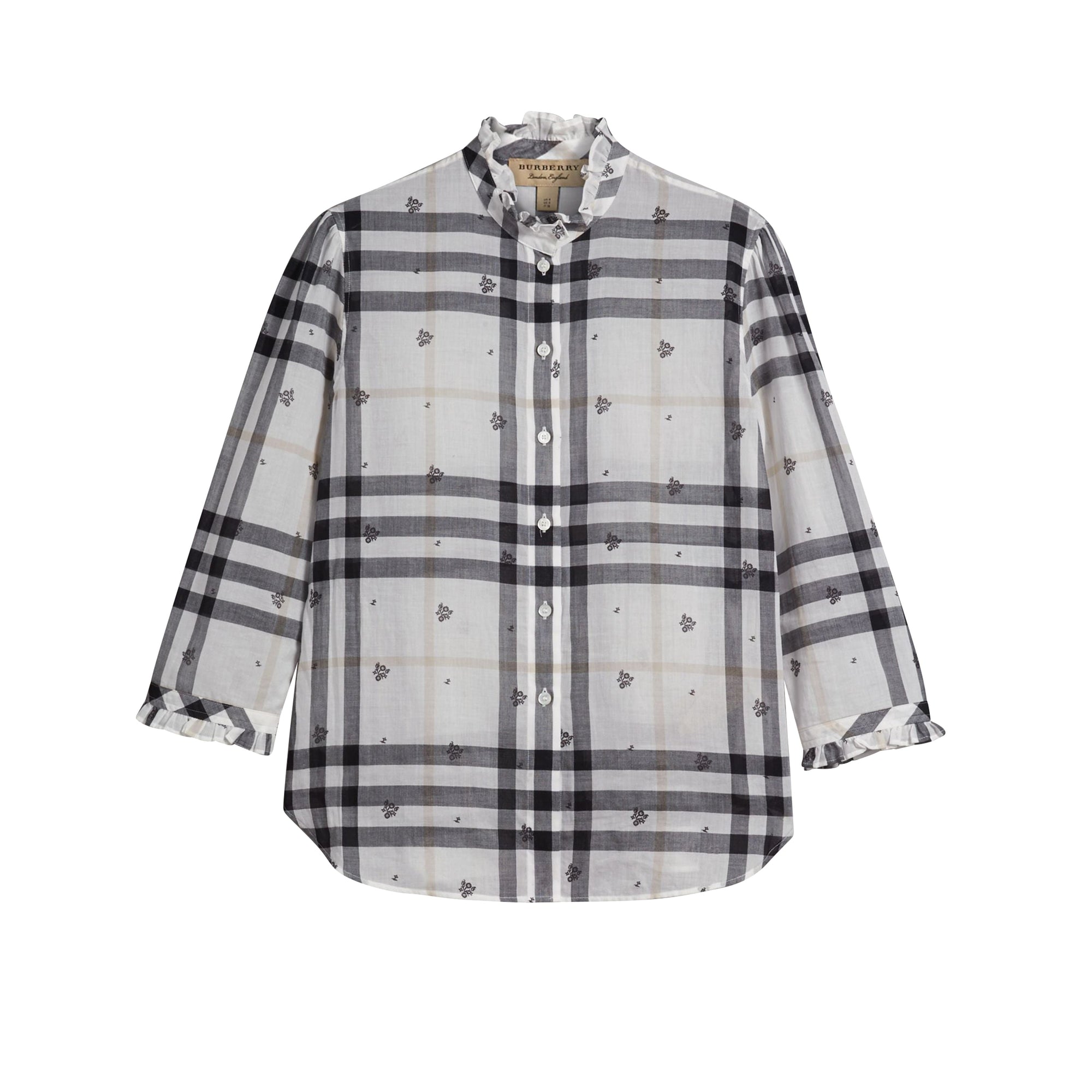 Chemise en coton à motif check et imprimé floral avec volants - White