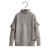 Pull à encolure montante en laine et cachemire avec volants - Grey Melange