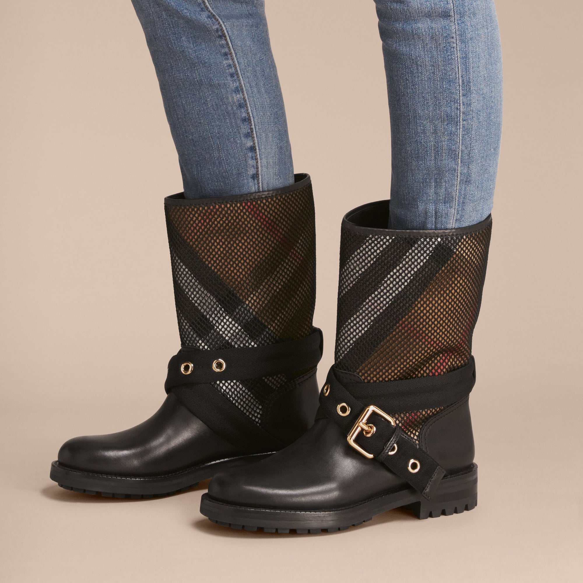 Bottes en cuir filet et tissu House check - Black