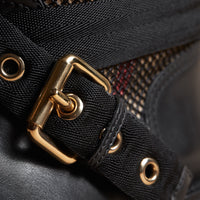 Bottes en cuir filet et tissu House check - Black
