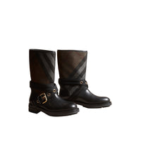 Bottes en cuir filet et tissu House check - Black