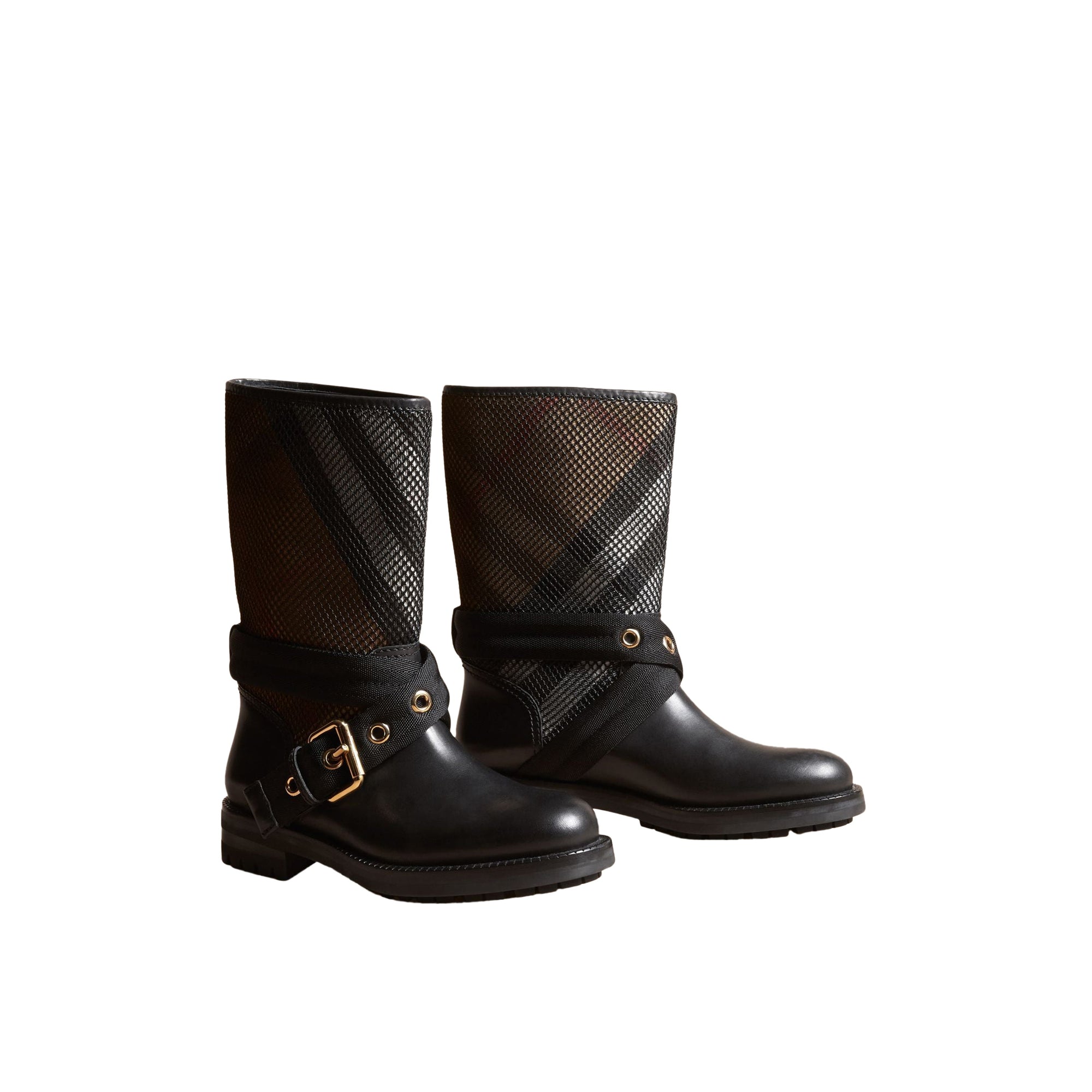 Bottes en cuir filet et tissu House check - Black