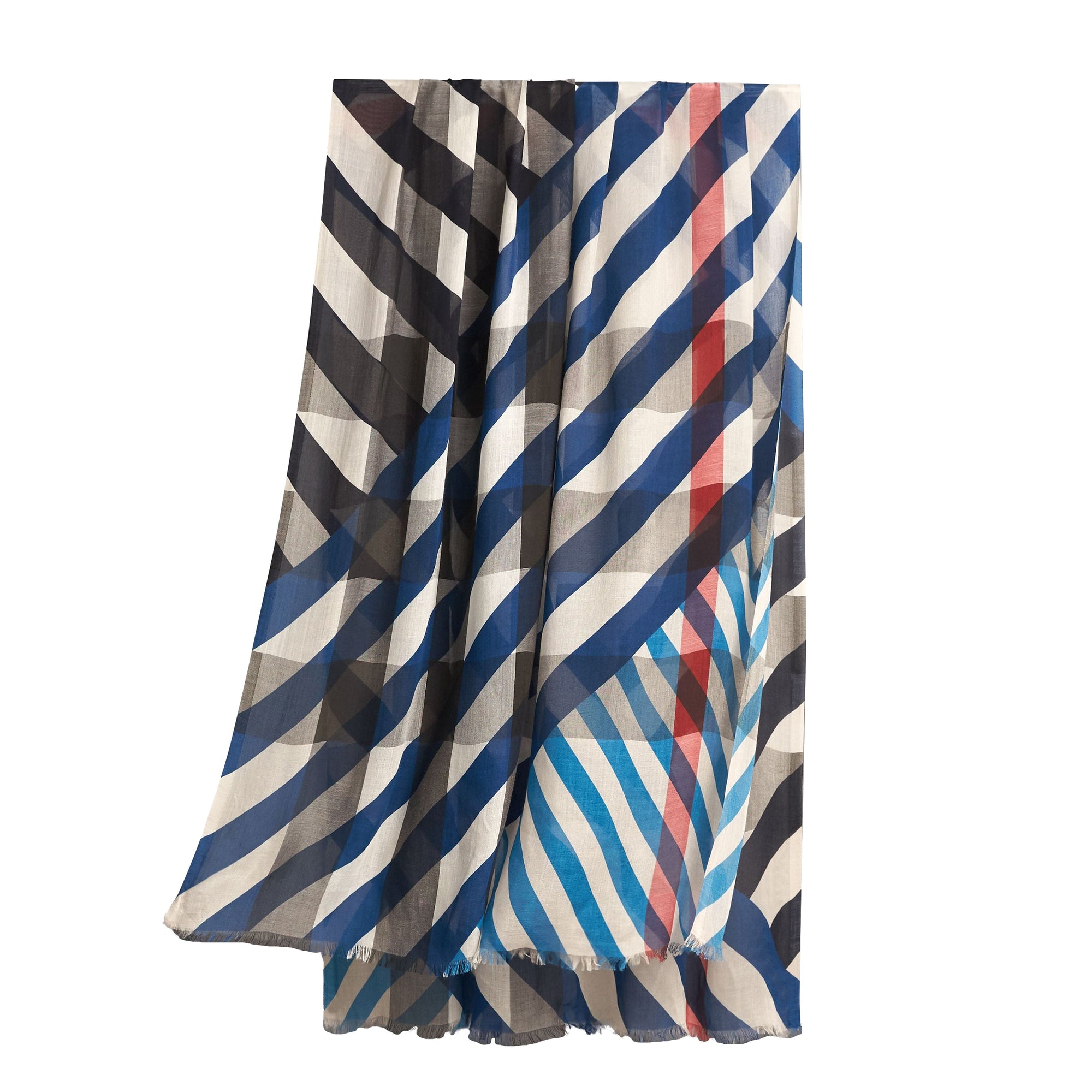 Écharpe en modal cachemire et soie à rayures et motif check - Indigo & Stone