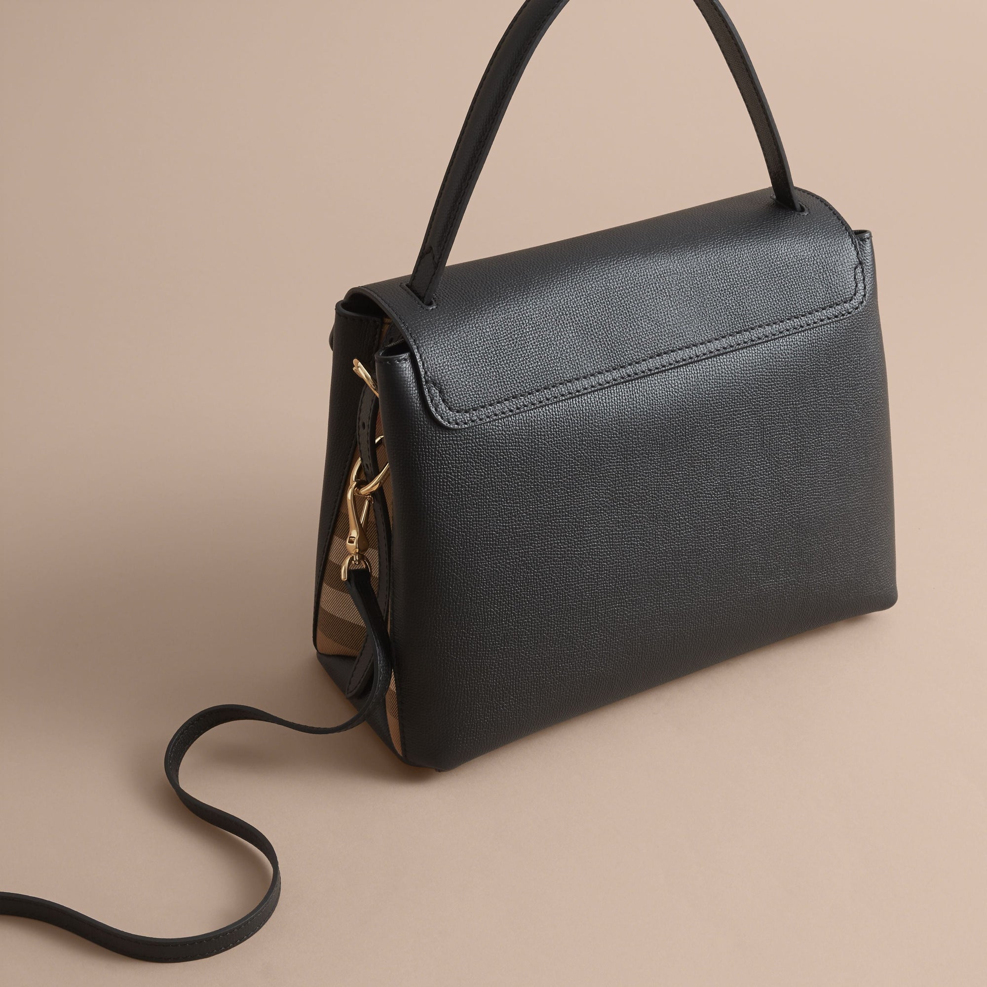 Sac tote medium en cuir grainé et coton House check - Black