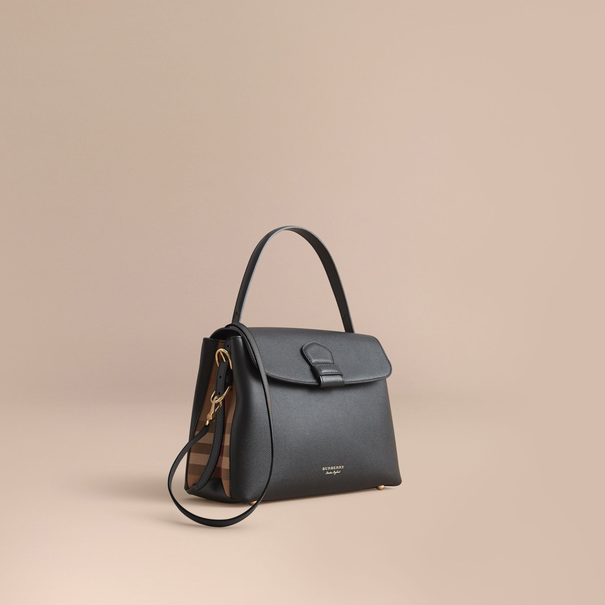 Sac tote medium en cuir grainé et coton House check - Black