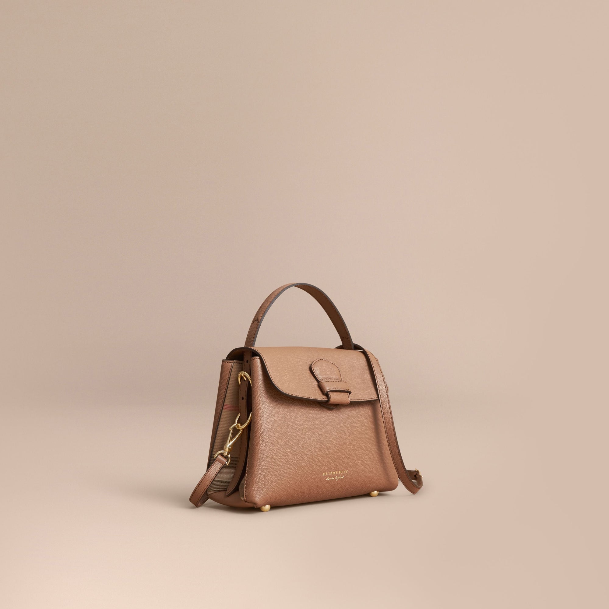 Petit sac tote en cuir grainé et coton House check - Dark Sand