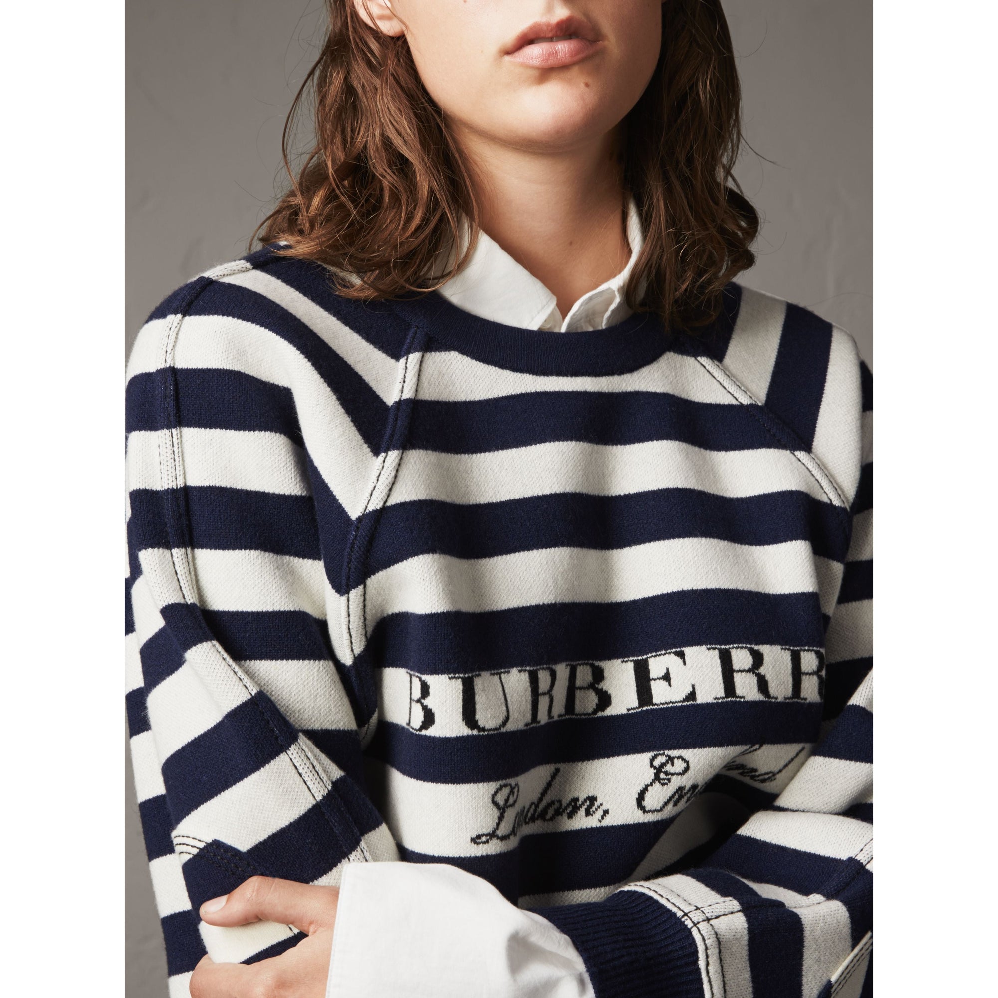 Pull marinière en laine et cachemire mélangés - Navy