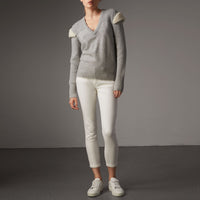 Pull en laine et cachemire côtelés avec bordure en shearling - Pale Grey Melange