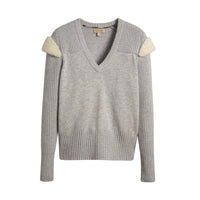 Pull en laine et cachemire côtelés avec bordure en shearling - Pale Grey Melange