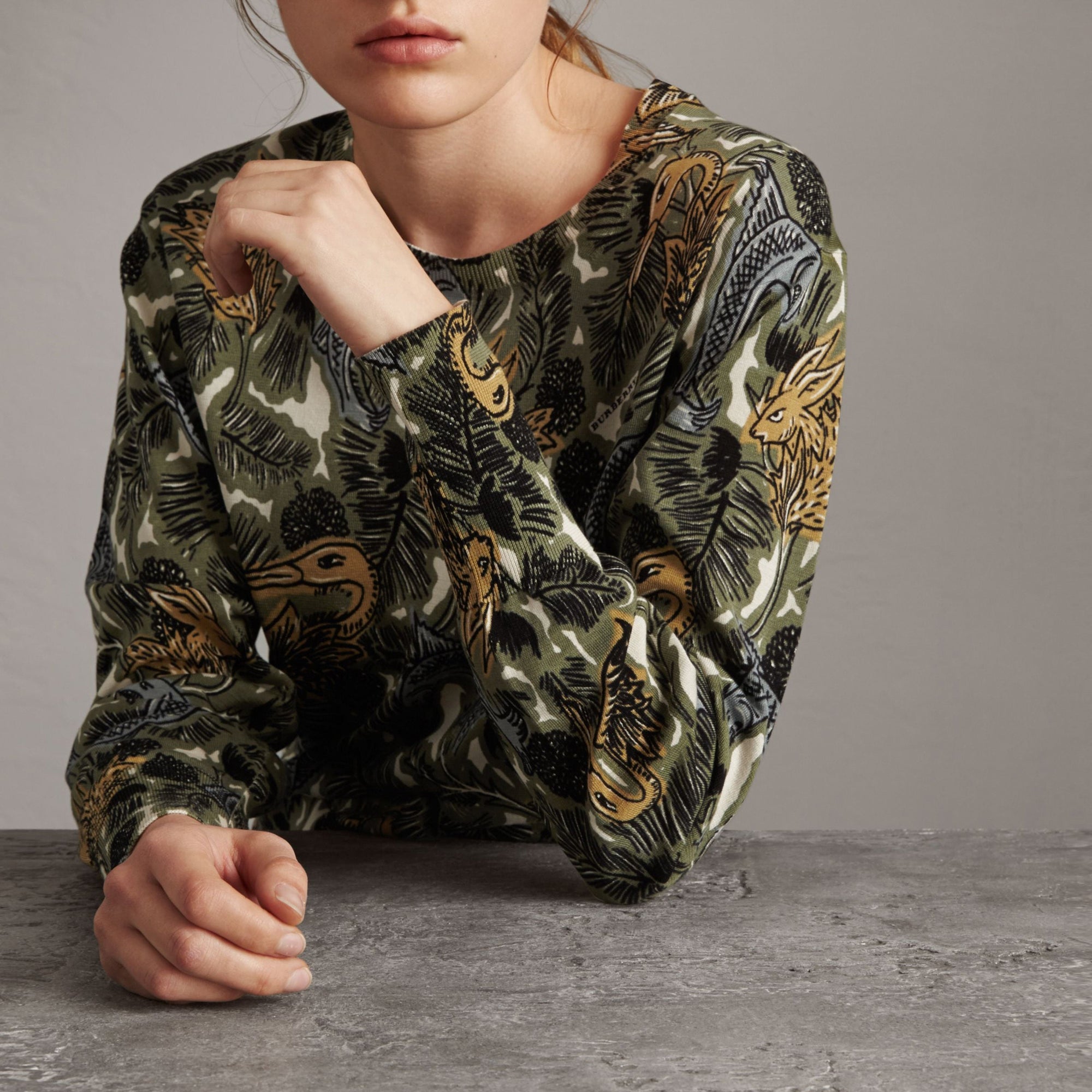 Pull en coton à imprimé Bestiaire - Sage Green