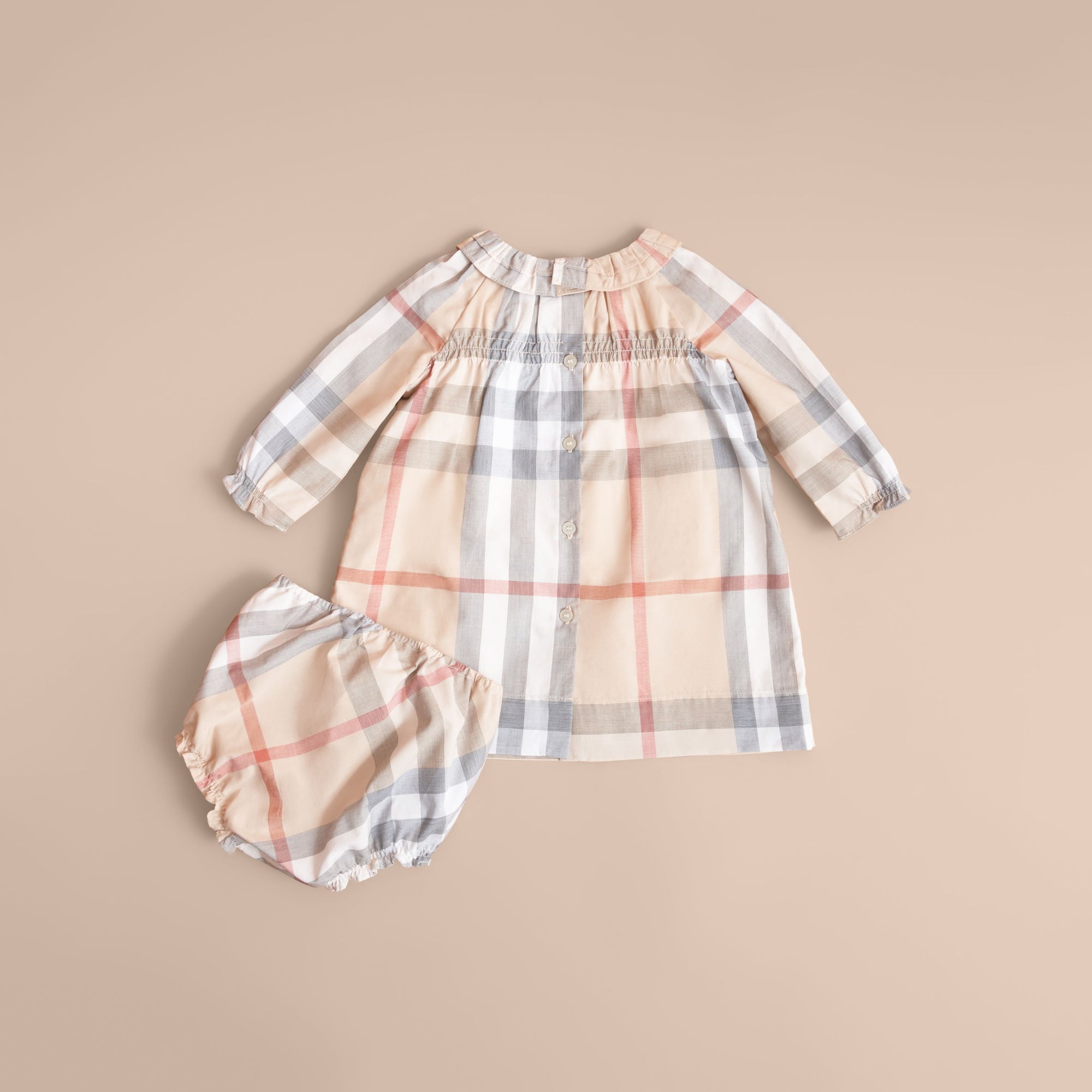 Robe et bloomer en coton à motif check avec volants - Pale Stone