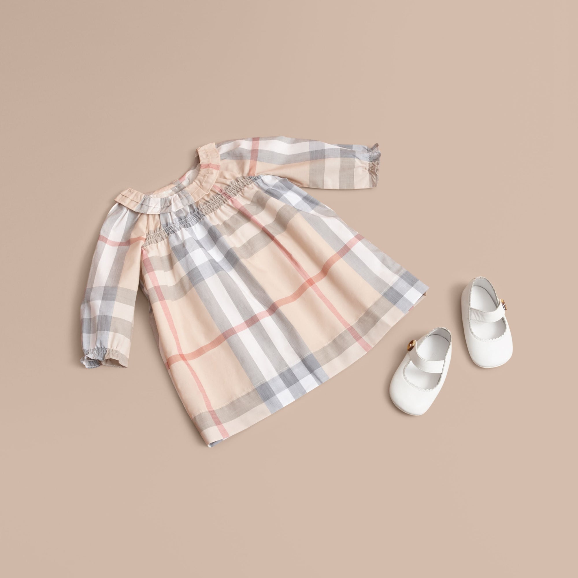 Robe et bloomer en coton à motif check avec volants - Pale Stone