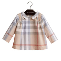 Haut en coton à motif check avec col Claudine et nervures - Pale Stone