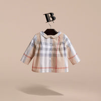 Haut en coton à motif check avec col Claudine et nervures - Pale Stone