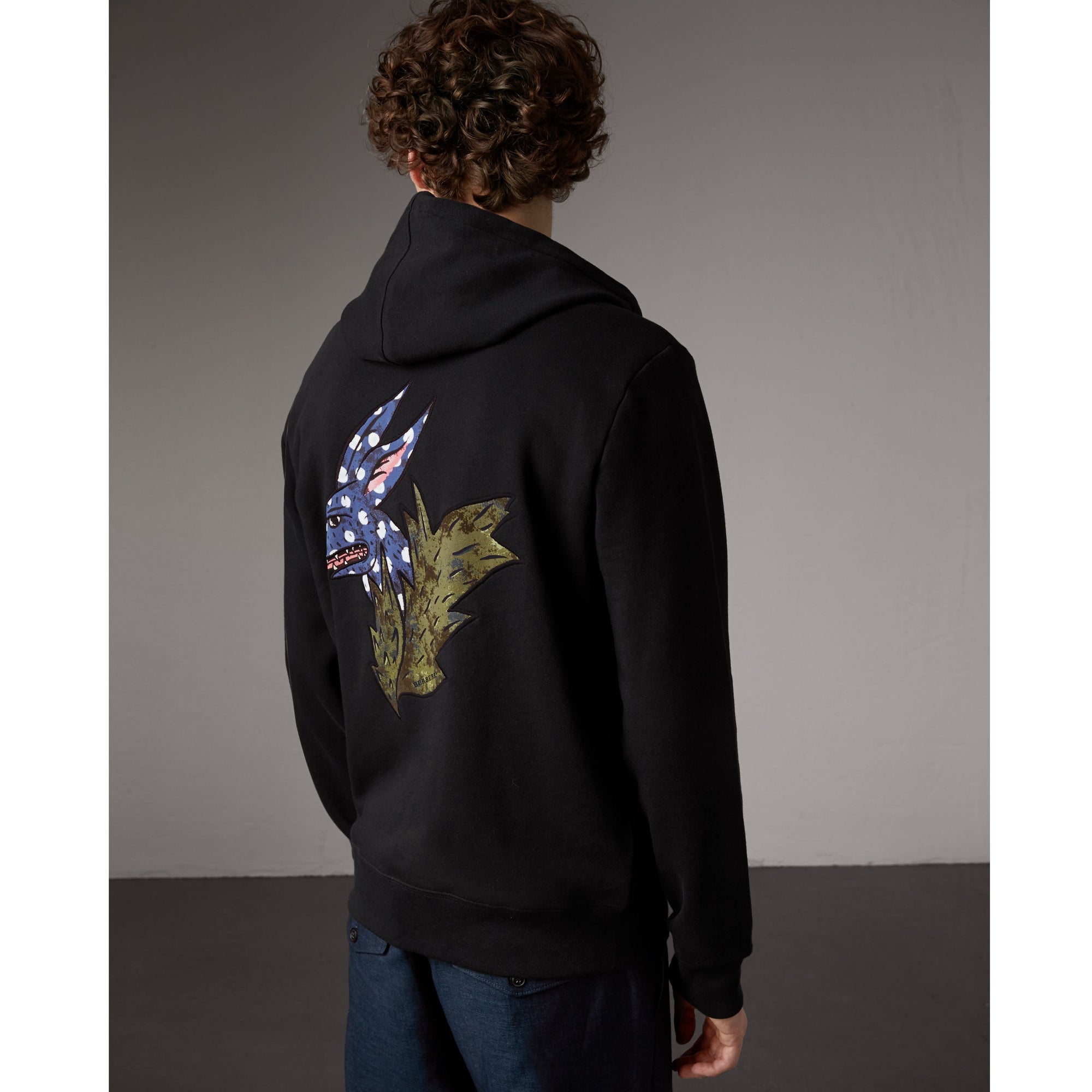 Haut à capuche en coton avec motif Bestiaire - Black