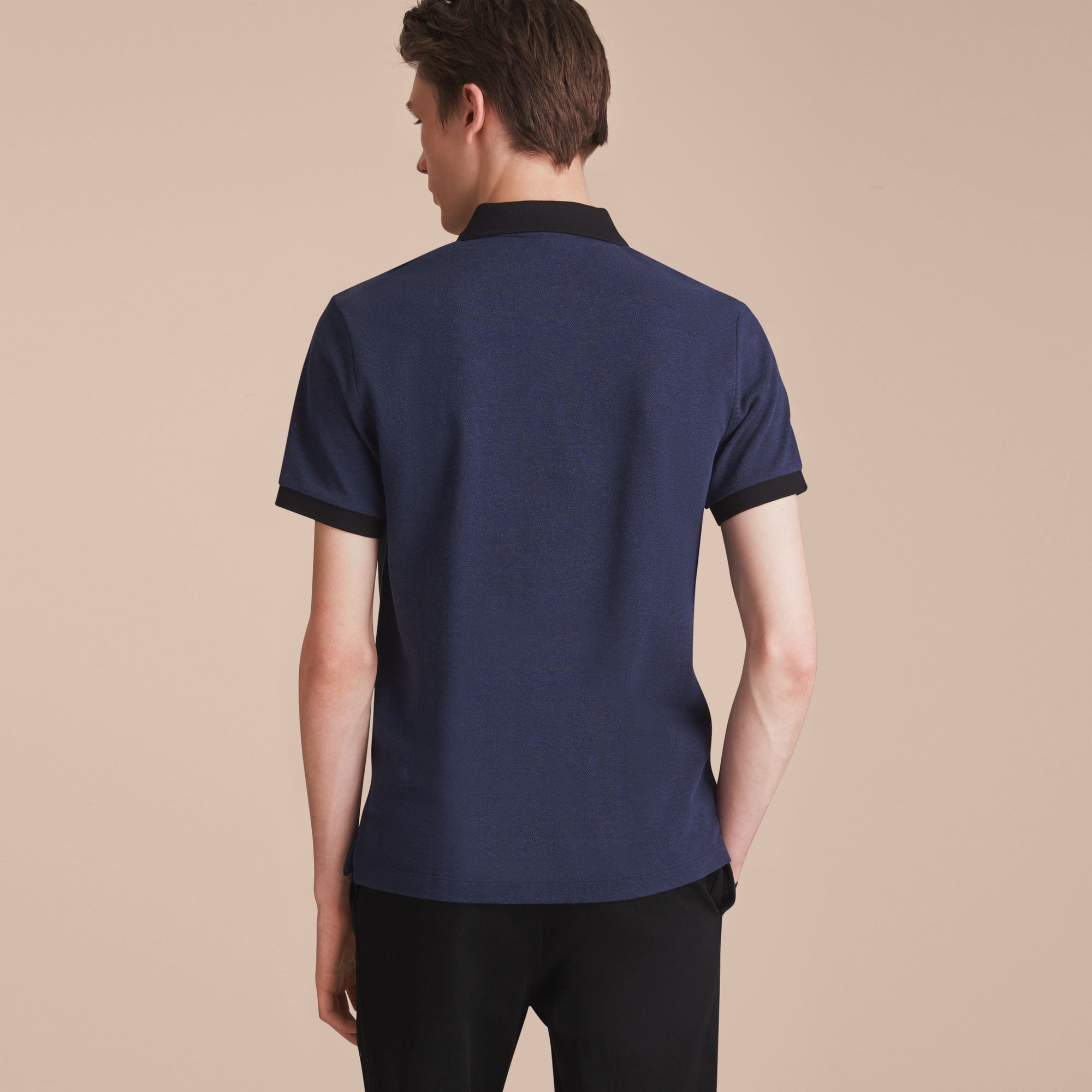 Polo bicolore en piqué de coton avec patte à motif check - Navy Melange