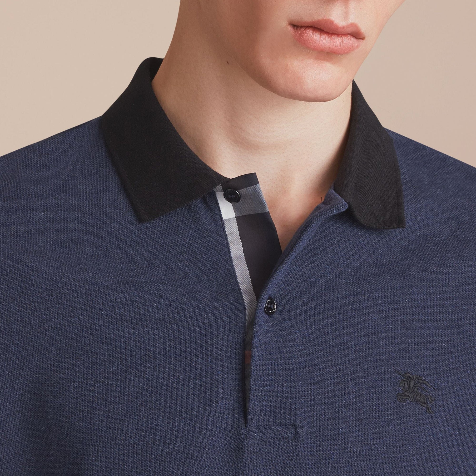 Polo bicolore en piqué de coton avec patte à motif check - Navy Melange