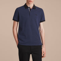 Polo bicolore en piqué de coton avec patte à motif check - Navy Melange