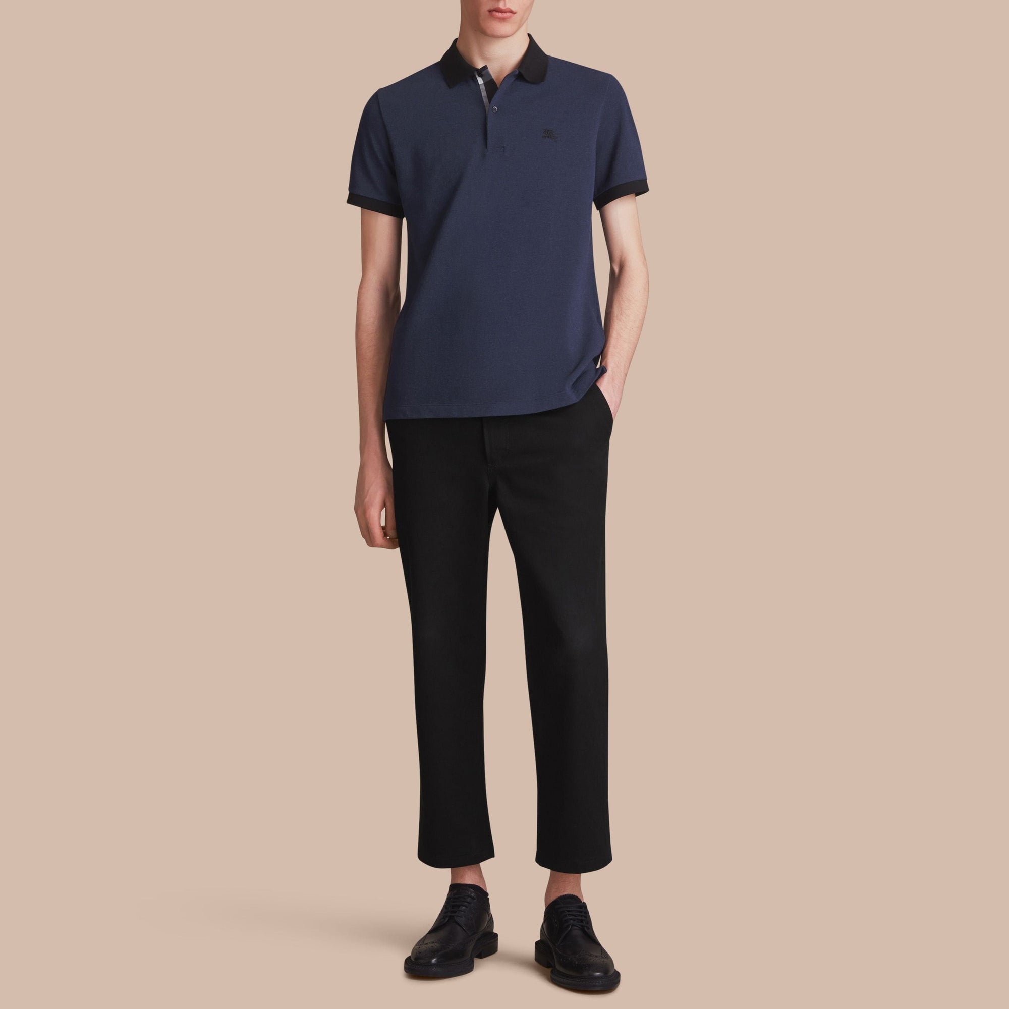 Polo bicolore en piqué de coton avec patte à motif check - Navy Melange