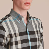 Chemise en popeline de coton à motif check avec col boutonné - Mist Grey