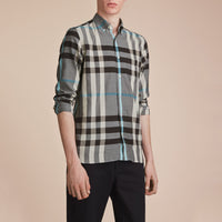 Chemise en popeline de coton à motif check avec col boutonné - Mist Grey