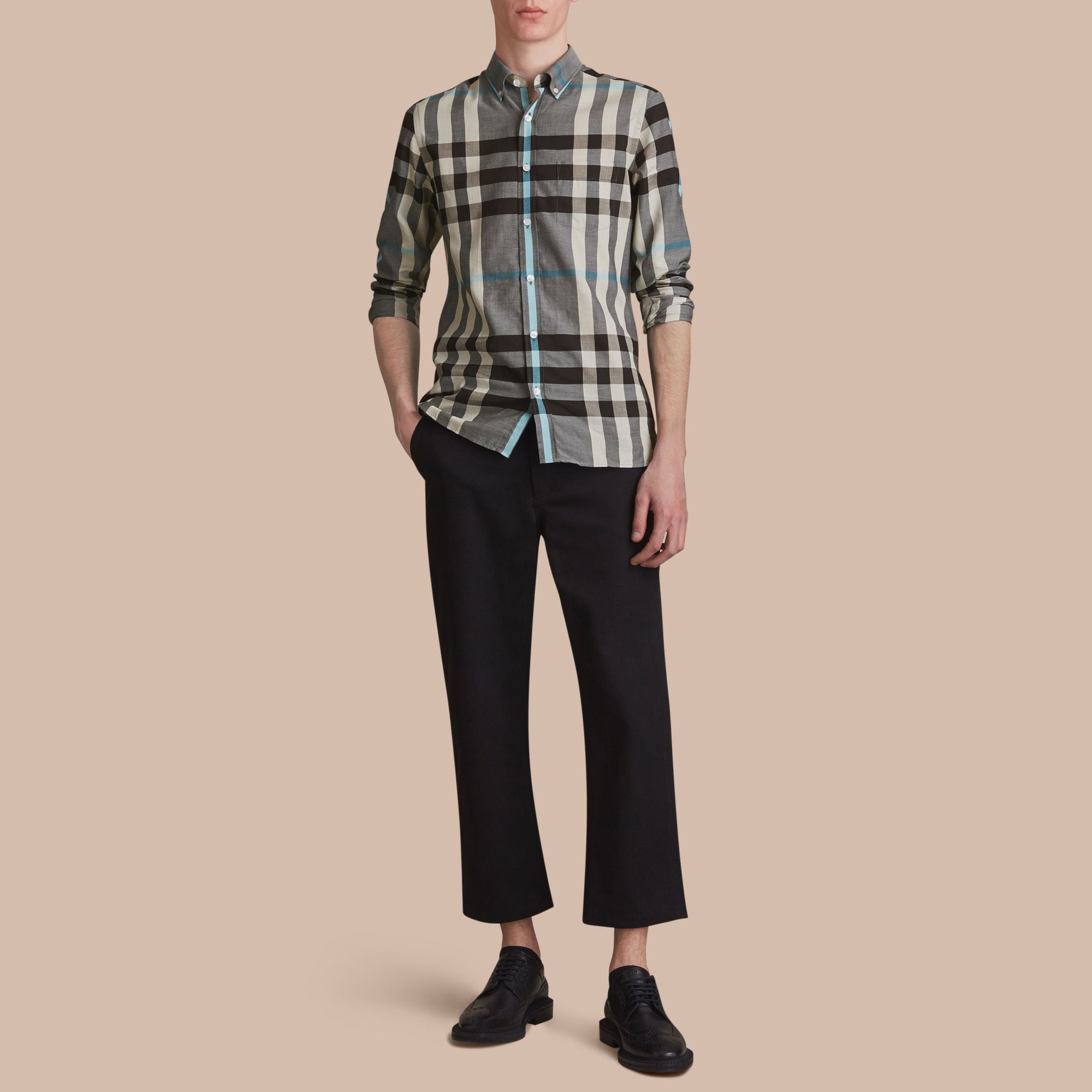 Chemise en popeline de coton à motif check avec col boutonné - Mist Grey