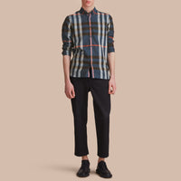 Chemise en popeline de coton à motif check avec col boutonné - Ink Blue