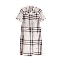 Robe en coton à motif check et imprimé floral avec volants - White