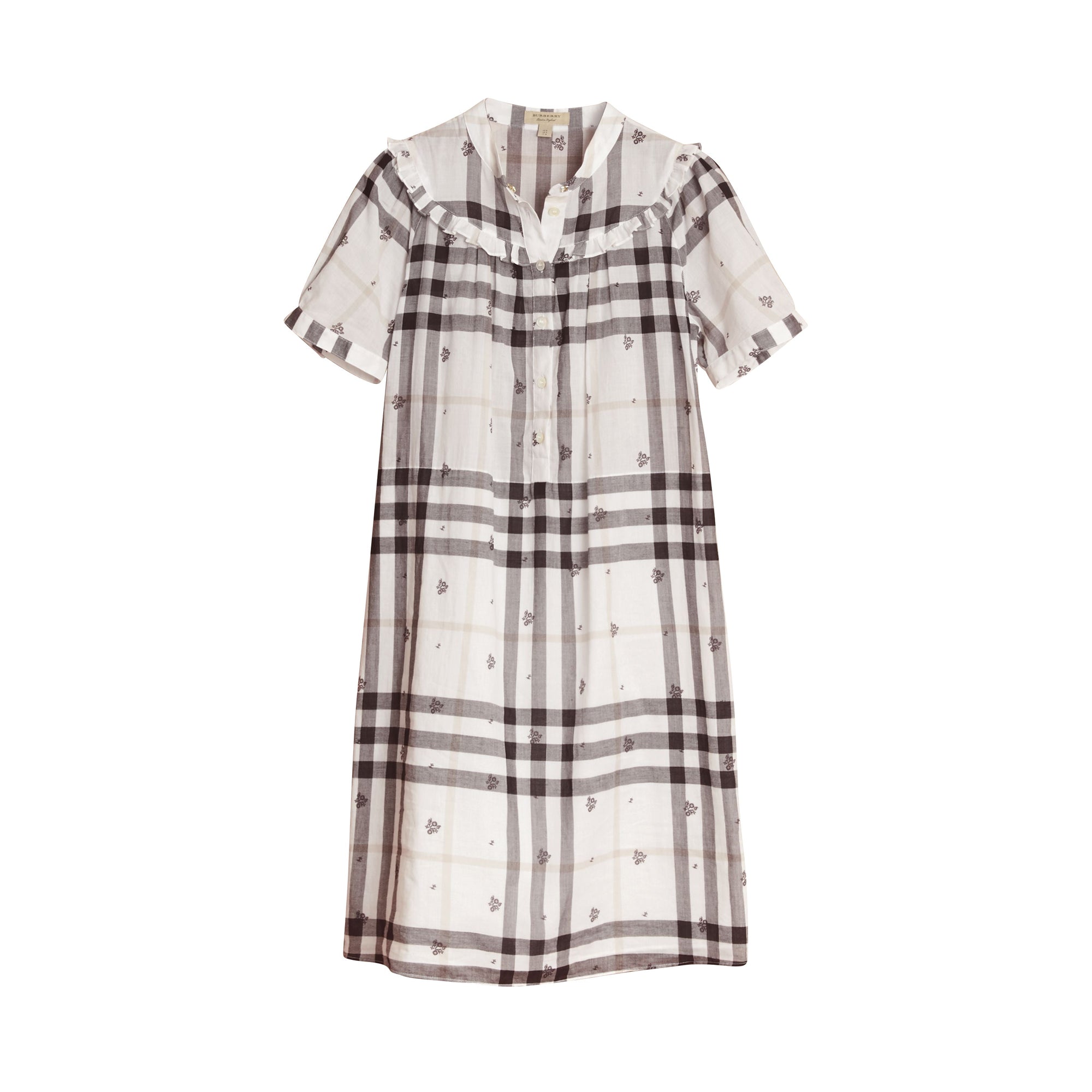 Robe en coton à motif check et imprimé floral avec volants - White