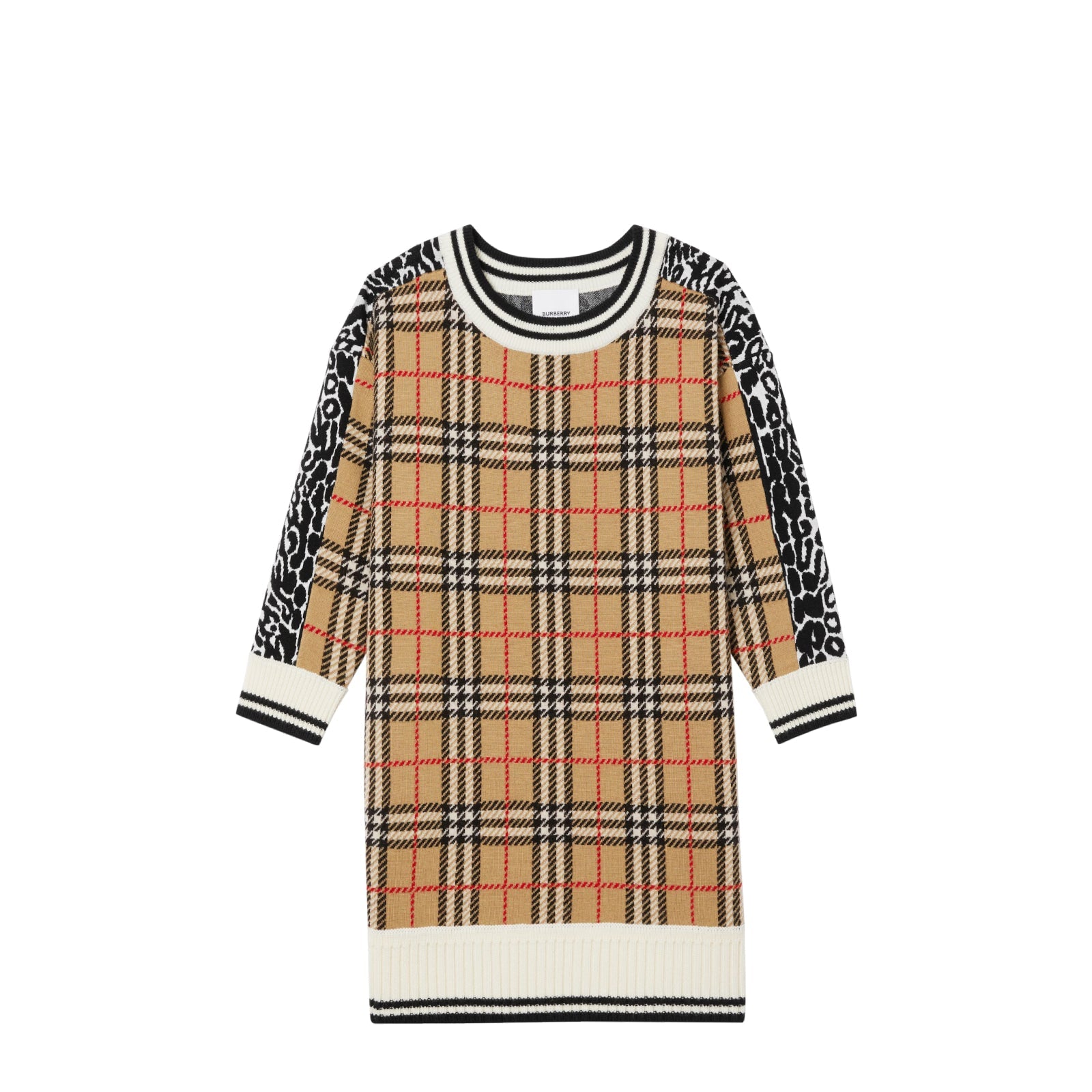 Robe pull en laine mérinos à motif check et léopard - Leopard Print