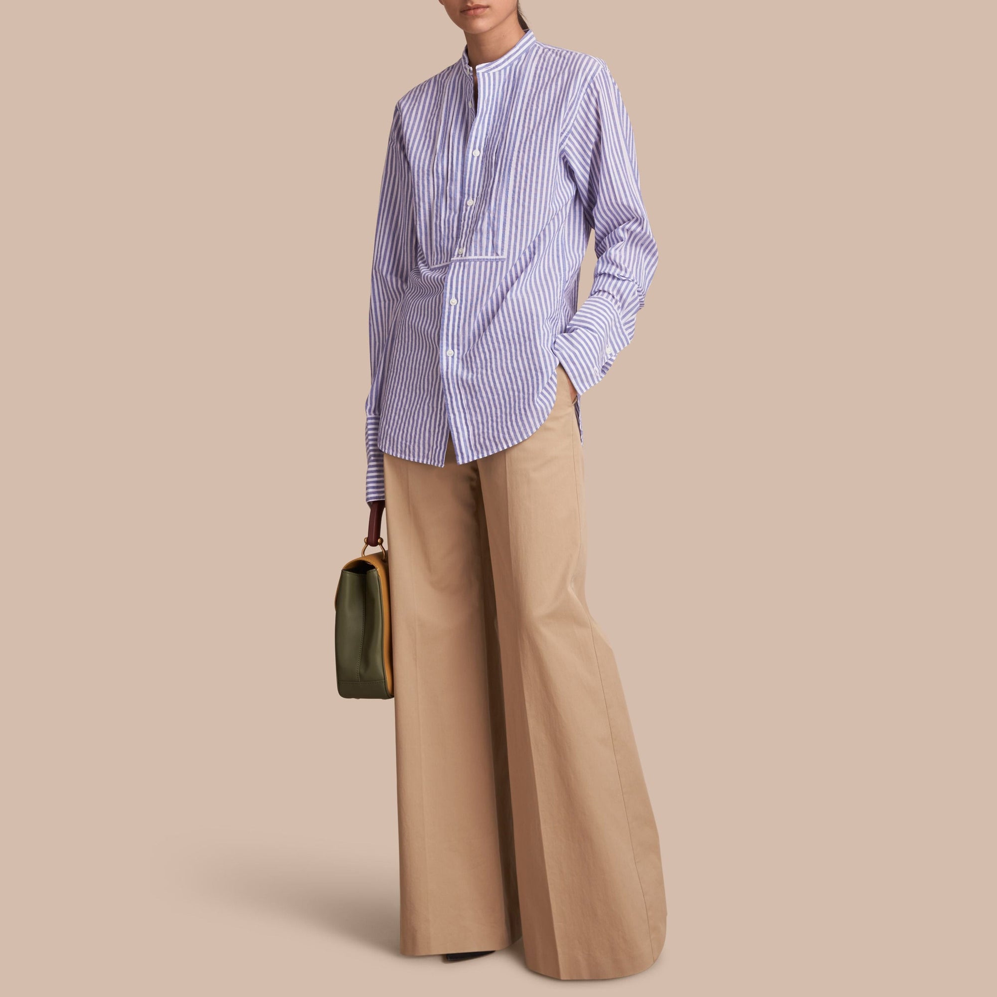 Chemise plastron plissé unisexe rayé - Pale Blue & White