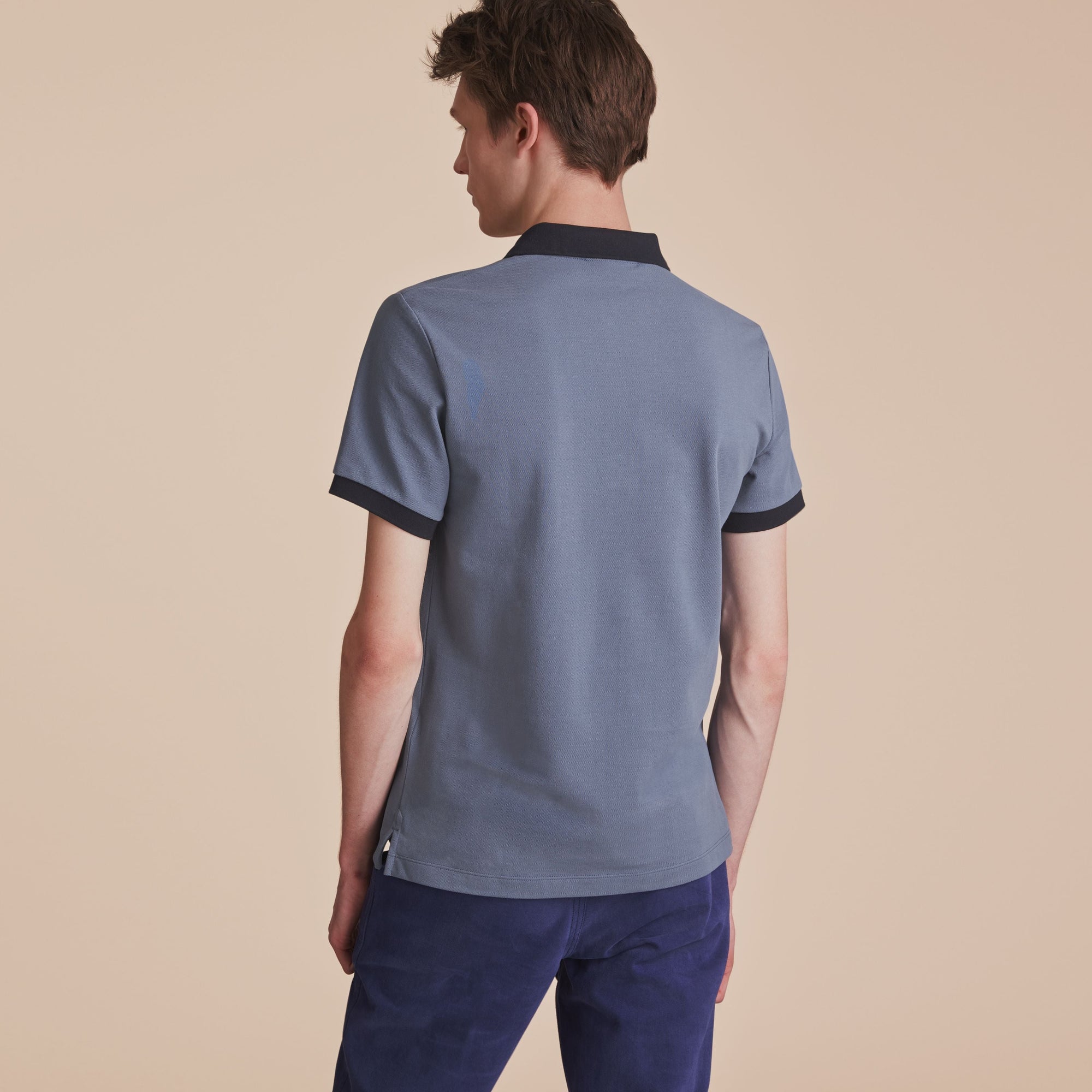 Polo bicolore en piqué de coton avec patte à motif check - Stone Blue