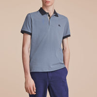 Polo bicolore en piqué de coton avec patte à motif check - Stone Blue